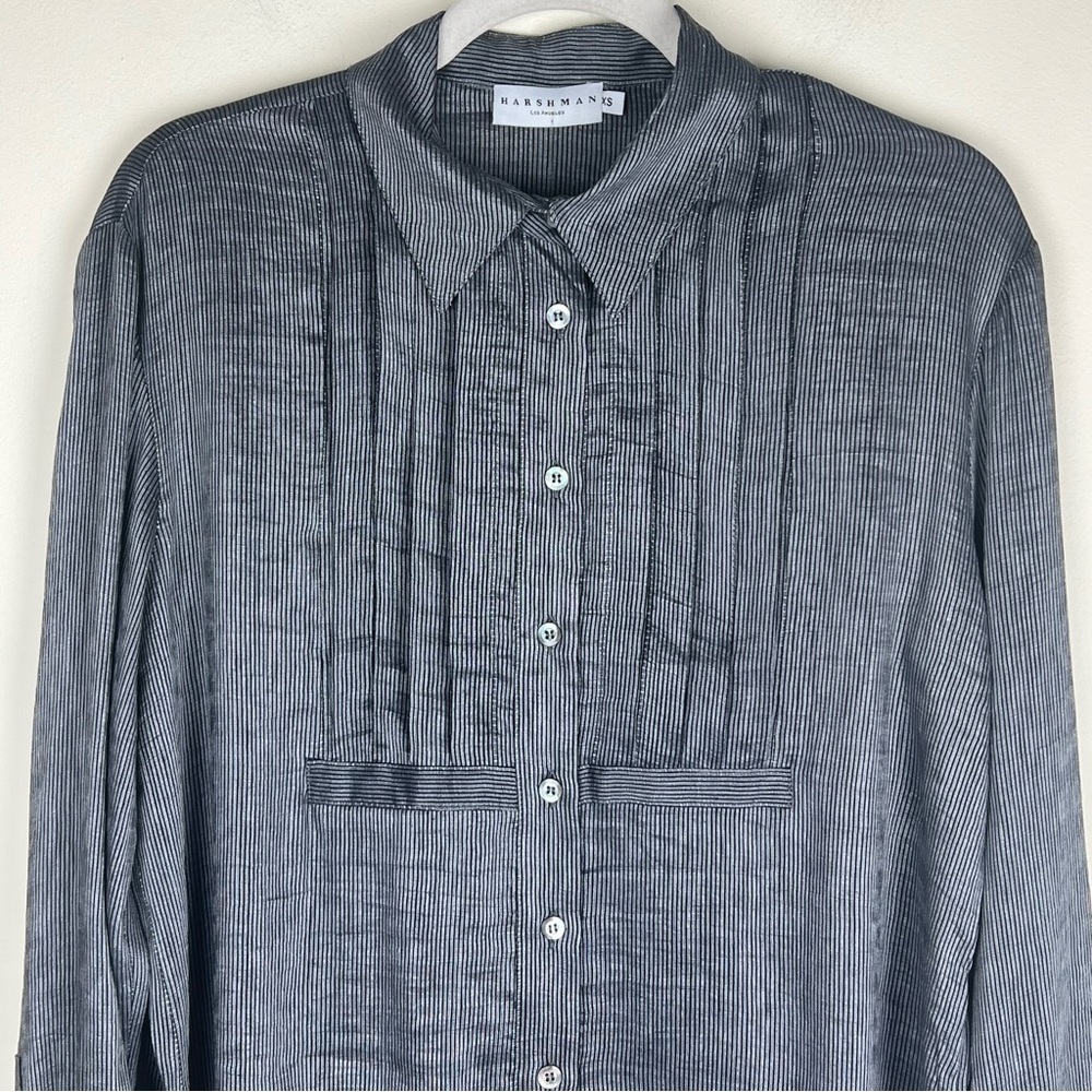 Harshman | Silk & Linen Quiet Luxury Drea Tunic Top Charcoal Stripes | XS - Picture 7 of 14